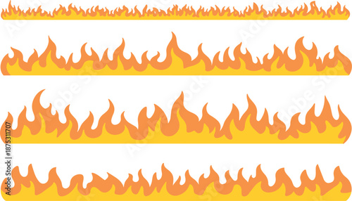 Orange fire and flame horizontal border set, hot burning heat blaze vector flat illustration banner collection