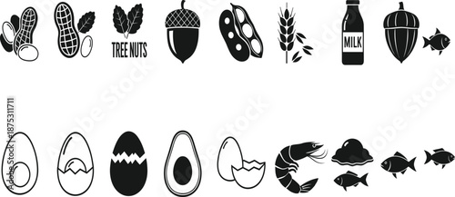 Food allergy and dietary icons set with nuts, milk, eggs, seafood, and grains, black silhouette vector illustration