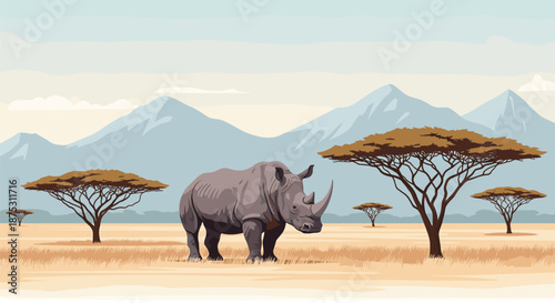 Powerful rhinoceros stands in a golden African savanna landscape featuring flat-topped acacia trees and distant mountains under a sky.