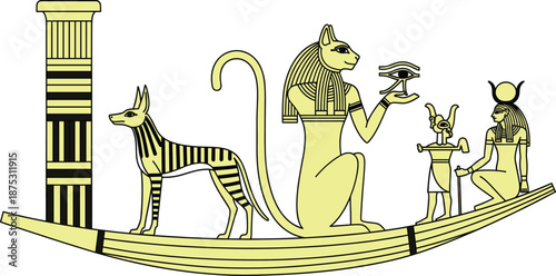 Ancient Egyptian mythology scene with gods and sacred symbols on ceremonial boat, flat vector illustration artwork