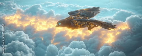 A futuristic ecosystem where robotic life thrives: metallic insects crawling on smart leaves, robotic birds with articulated wings flying through the air, lifelike robotic animals roaming a high-tech 