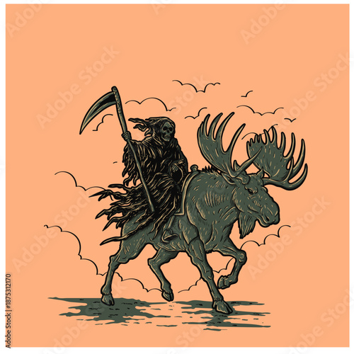 Grim Reaper Riding a Majestic Moose Illustration in Vintage Woodcut Style
