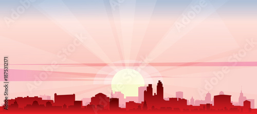 Εκτύπωση καμβά Red panoramic poster of the city skyline with misty background buildings, sunris