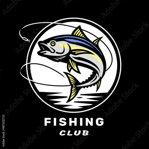 Fishing club logo with an image of a tuna on dark background on dark background.