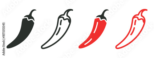 Set of Hot Red Chili Pepper Symbols, Natural Spicy Pepper Vector Illustrations for Cooking, Food Ingredients, Culinary Design, Restaurant Menus, Recipe Cards