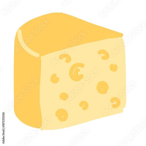Large cheese slice. Piece of maasdam with big holes. Yellow cheese, emmental, gouda, cheddar, parmesan or Swiss cheese. Doodle whimsical Vector illustration isolated on transparent background