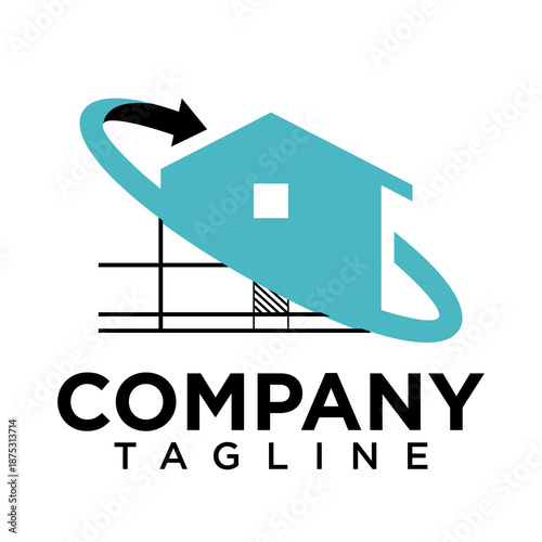 Modern Home Renovation and Construction Logo Design with Blueprint Outline