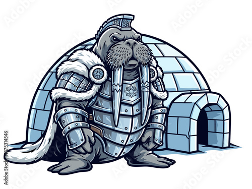 An icy walrus in futuristic armor standing near an igloo structure, illustration, close-up view