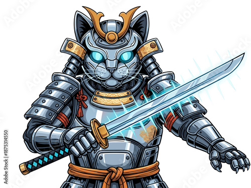 A futuristic cat warrior in metallic armor holding a glowing sword against a white backdrop