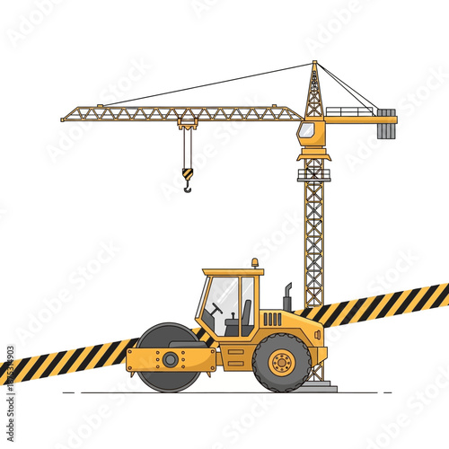 Construction site with yellow steamroller and crane, building industry, urban development concept