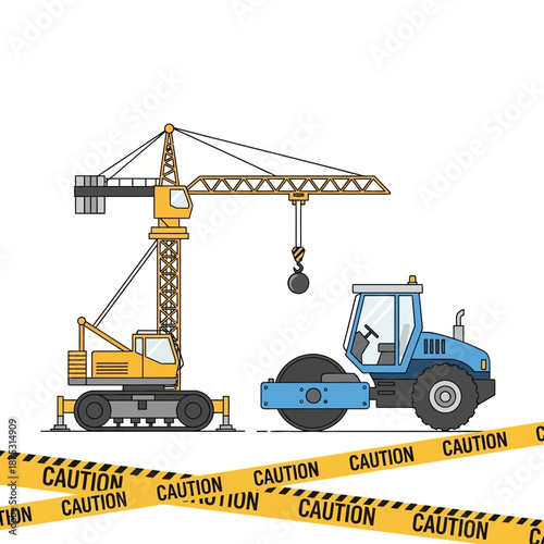 Construction Scene with Crane, Roller, and Caution Tape
