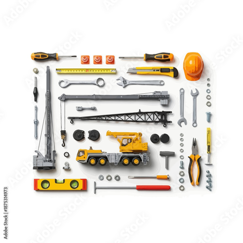 Construction Tools and Toys Flat Lay: Crane, Truck, Wrenches, Screwdrivers, Safety Helmet