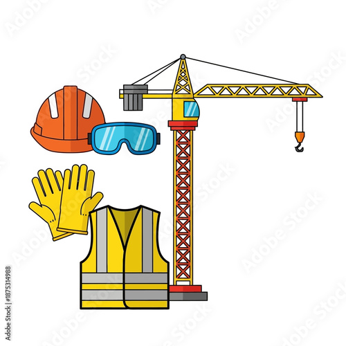 Construction Site Safety Equipment and Tower Crane Illustration