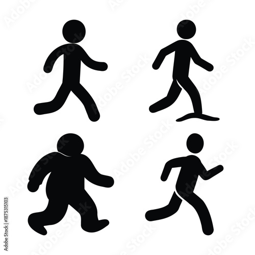 Simple stick figure icons depicting various human actions of walking and running