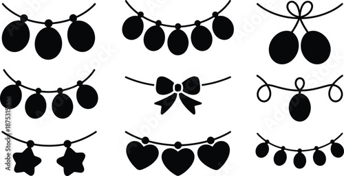 Collection of festive string lights, garlands, and decorative elements in various shapes