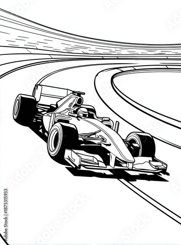 Dynamic illustration formula race car speeding on track. Concept of motorsport excitement, speed passion, technical design interest, action themed coloring activity for racing fans.
