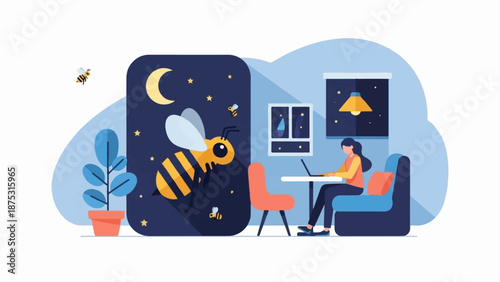 A woman works on her laptop at night with bees flying near a moonlit scene