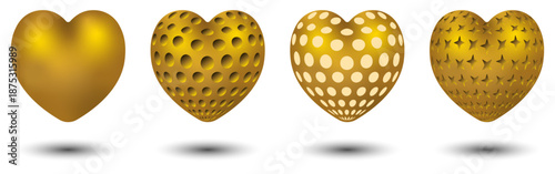A set of golden abstract 3d hearts. Vector illustration