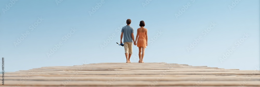 Fototapeta premium Young couple walking hand in hand along a wooden pier, soaking up the summer sun, embracing the joy of vacation, surrounded by a clear blue sky and a sense of adventure