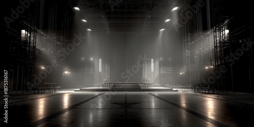 Dramatic Empty High-Tech Stage with Spotlights and Industrial Rigging