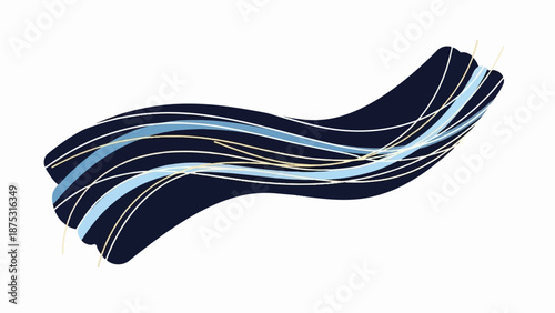 Abstract dark blue and light blue flowing lines with thin gold accents on white