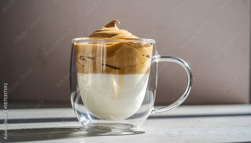 Obraz premium Delicious homemade whipped coffee beverage with creamy layers, served in a stylish clear glass mug