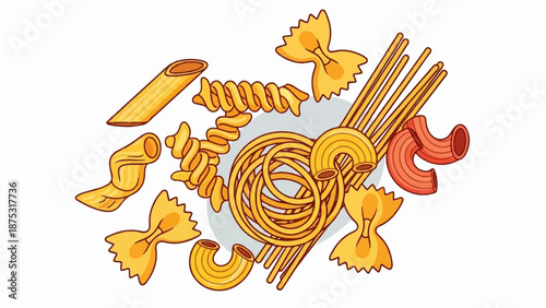 Assorted dry pasta shapes artfully arranged on a neutral background