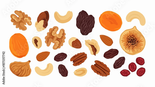 Assorted dried fruits and nuts arranged in a pattern on a white background