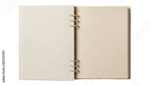 Open ring binder notebook isolated PNG on transparent background, blank pages for writing or drawing, scrapbook album for memories and creativity