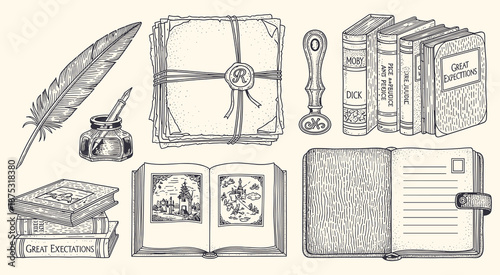 Vintage literary collection featuring antique writing instruments like a quill pen and inkwell alongside classic books and manuscripts, perfect for historical education and artistic design projects.