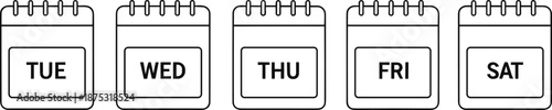 Weekday calendar icon vector set featuring simple outline designs for Tuesday through Saturday in clean minimal style