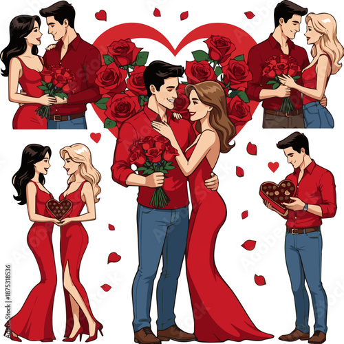 Create a kinds of deferent realistic happy valentines day sexy man and women romance others elements vector art with white background.