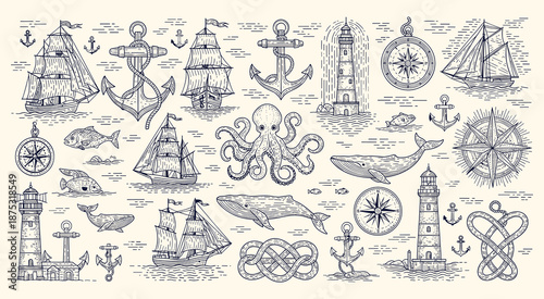 Vintage hand drawn seamless pattern showcases intricate marine elements featuring majestic sailing ships anchors lighthouses graceful whales an octopus and detailed compass roses creating a classic