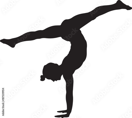 Graceful silhouette of a gymnast doing a handstand split on white
