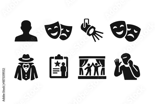 Set of black theater and performance icons including drama masks, actor silhouette, costume, spotlight, audition clipboard, stage curtains, and mime