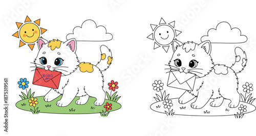 Cute Kitten Carrying a Love Letter Envelope Coloring Page and Colored Version, Cartoon Cat Delivering Valentine Message Illustration for Kids, Hand Drawn Kitty on Grass Meadow