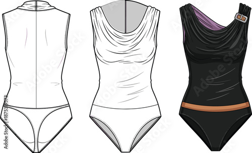 Women’s bodysuit sketch, draped neckline, back view seams, buckle shoulder detail, fashion design layout, flat vector illustration