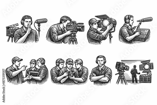 Black and white illustration of film crew production roles, including camera operator, sound recording, lighting setup, directing, and on-set teamwork