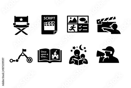 Set of black film and storytelling icons featuring director chair, script, storyboard, clapperboard, camera operator, book, and bedtime reading