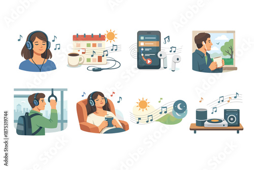 Illustrated scenes of people enjoying music through headphones, smartphone streaming, radio, and vinyl player at home, commuting, and relaxing