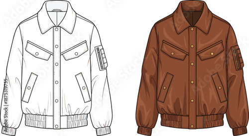 Women’s jacket sketch, collared button-down, flap and zip pockets, elastic cuffs and hem, fashion design layout, flat vector illustration