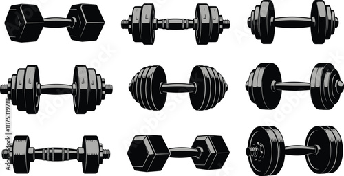 Dumbbell vector set featuring various weightlifting designs, heavy gym equipment, and fitness workout illustrations in bold graphic style