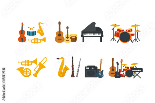 Collection of musical instrument illustrations including piano, drum kit, guitars, violin, saxophone, trumpet, trombone, and amplifier icons