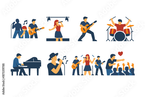 Flat vector illustrations of musicians performing live, including singer, guitarists, drummer, pianist, and cheering audience at a concert show