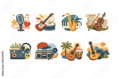 Set of colorful music icons featuring microphone, electric guitar, drum kit, piano, saxophone, violin, audio mixer, headphones, and portable boombox