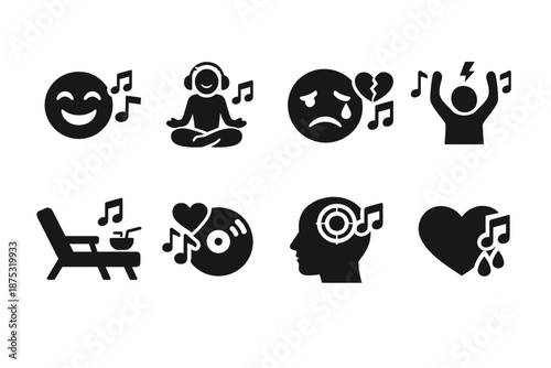 Set of black music mood icons showing happiness, meditation, sadness, frustration, relaxation, heartbreak, mental focus, and emotional pain