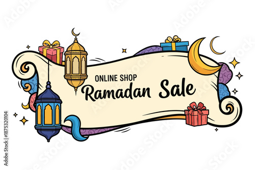 Ramadan sale banner with lanterns and crescent moons