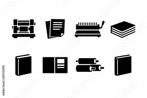 Black silhouette icons of printing and binding tools including press, documents, comb binder, stacked paper, books, and ink rollers on white