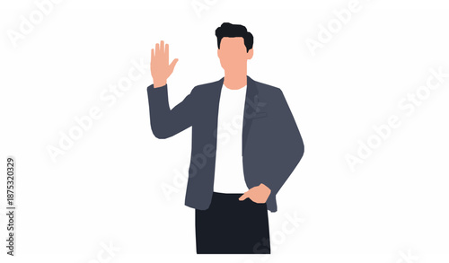 Cheerful young man waving hand casual flat vector illustration isolated