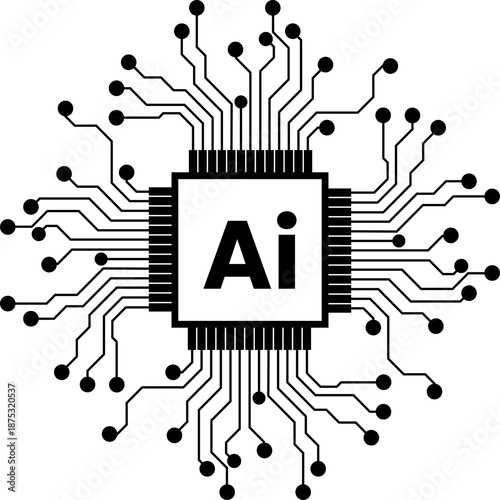 Artificial Intelligence and Circuit Icon. AI Brain, Microchip, Digital Technology Symbols. Cognitive augmentation brain icon with human and circuit hemispheres.
